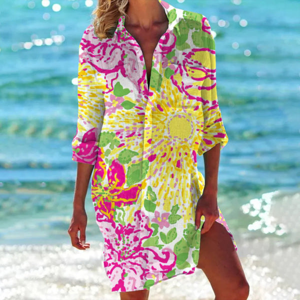 Damen Hemdkleid Tropischer Druck Leicht Sommer Freizeit Strand