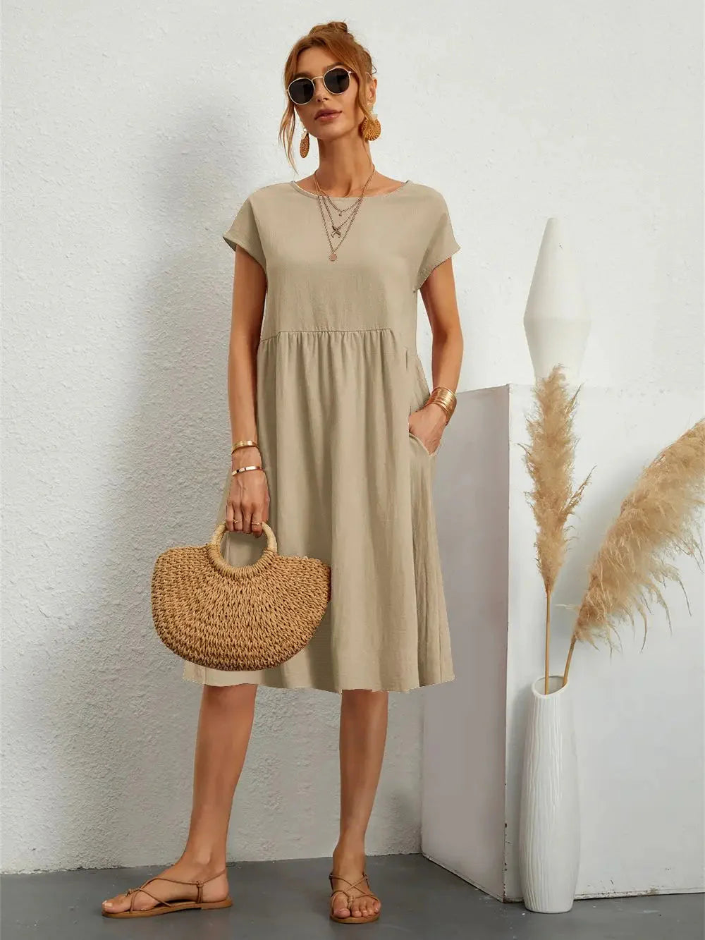 Damen Midi Kleid Smock Freizeit Sommer Regular Fit