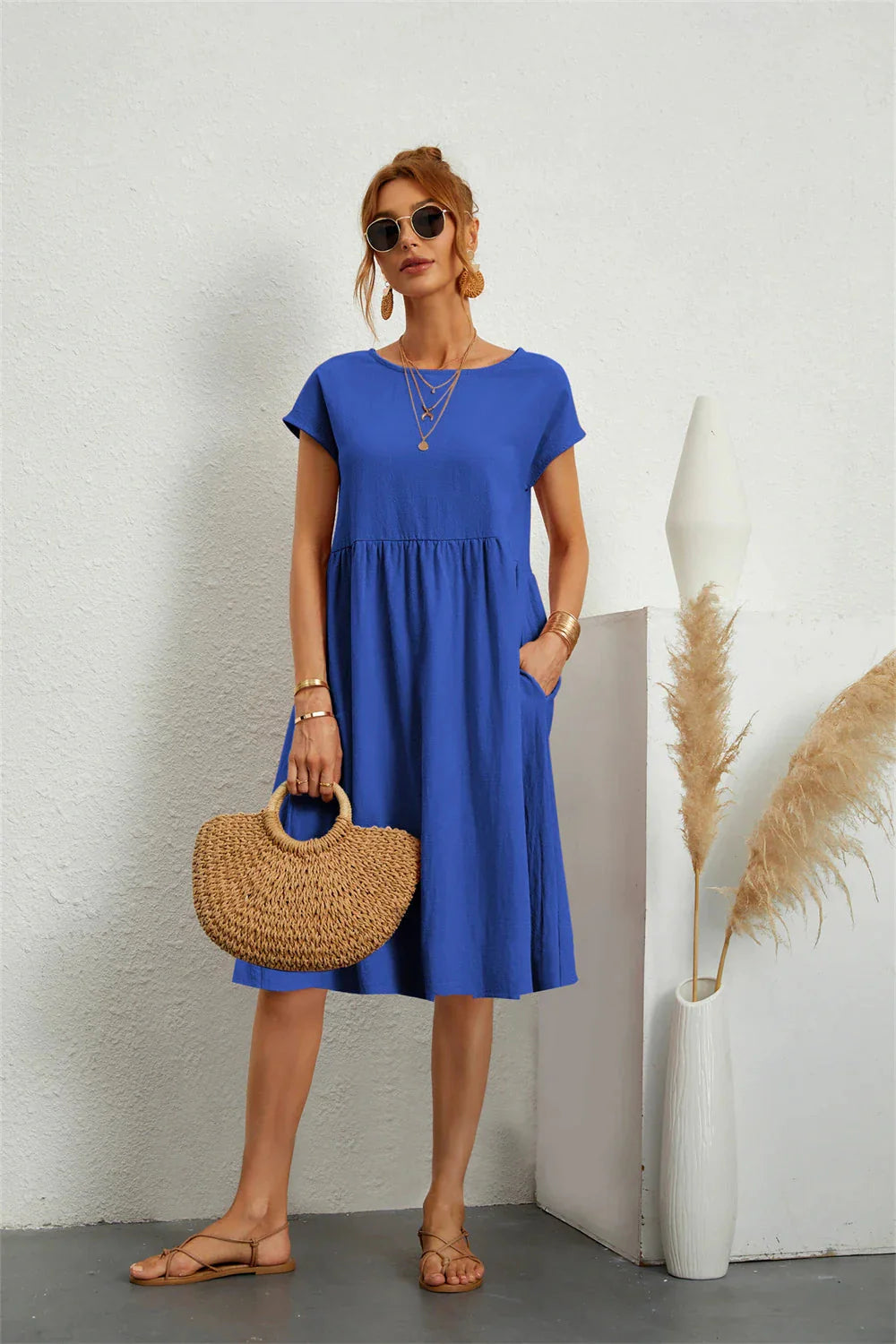 Damen Midi Kleid Smock Freizeit Sommer Regular Fit
