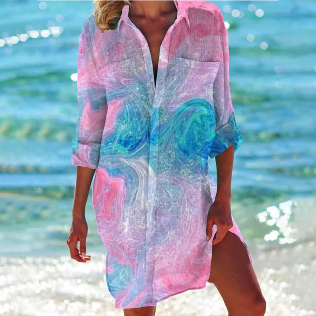 Damen Hemdkleid Tropischer Druck Leicht Sommer Freizeit Strand