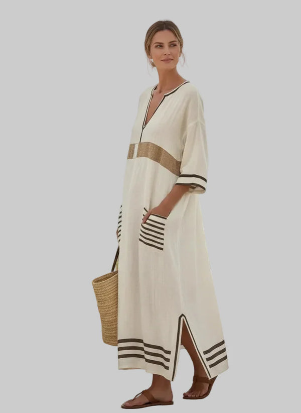 Damen Maxikleid Relaxed Fit Casual mit V-Ausschnitt und Streifen
