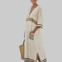 Damen Maxikleid Relaxed Fit Casual mit V-Ausschnitt und Streifen