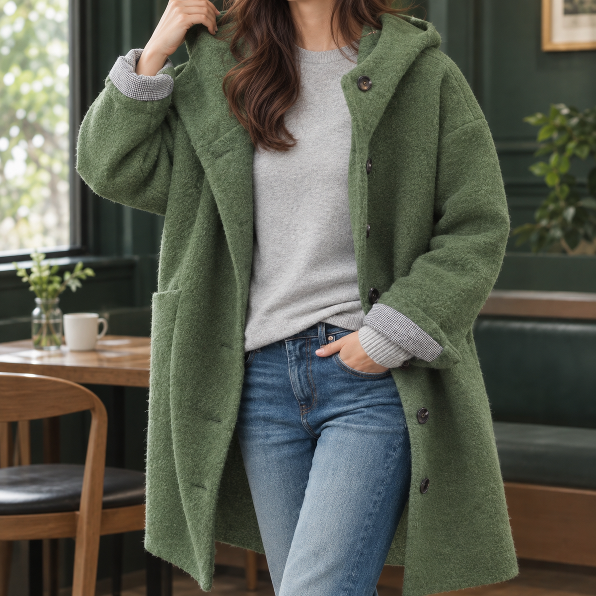 Damen Kapuzenmantel Oversize Freizeit Lang mit Knöpfen