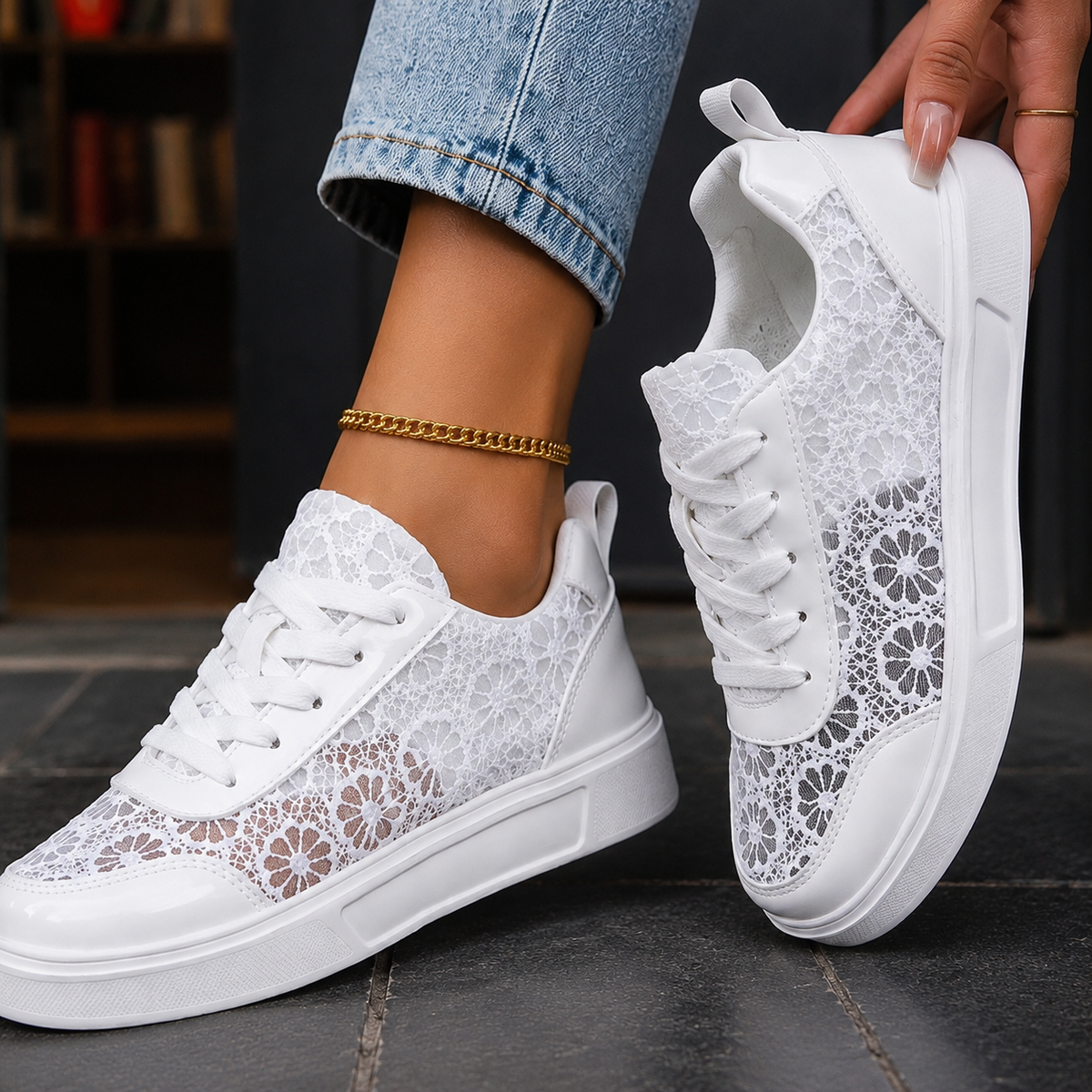 Damen Spitzen-Sneaker Regular Fit Freizeit Floral