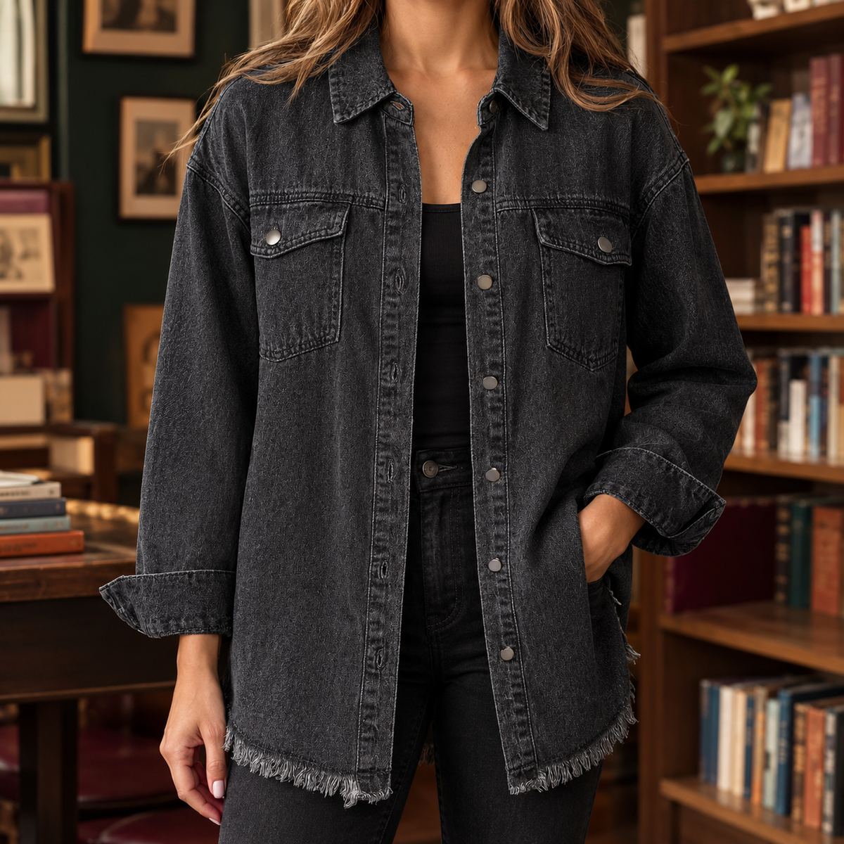 Damen Overshirt Relaxed Fit Freizeit mit Fransenabschluss