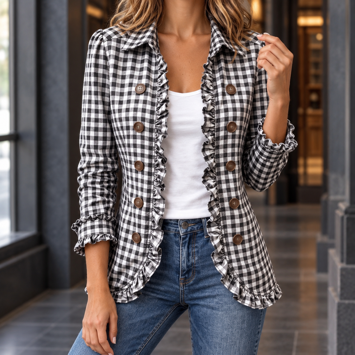 Damen Gingham-Jacke Slim Fit Freizeit mit Rüschensaum