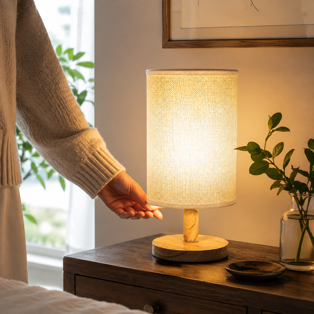 Tischlampe Skandinavisch Wohnzimmer Bambusfuß Zylinderschirm
