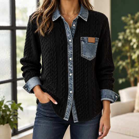 Maria - Damen Overshirt Relaxed Fit Casual mit Strick und Denimkragen