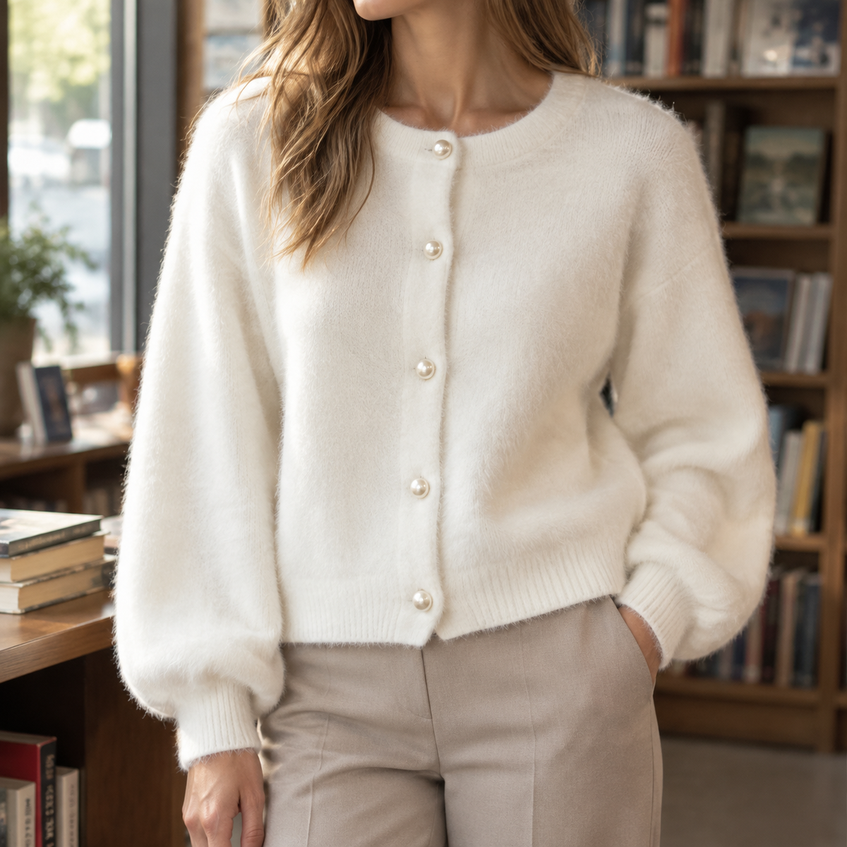 Damen Cardigan Relaxed Fit Freizeit mit Perlenknöpfen