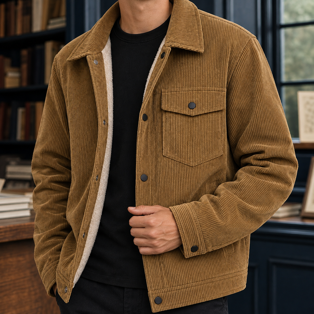 Herren Cordjacke Relaxed Fit Freizeit mit Druckknöpfen