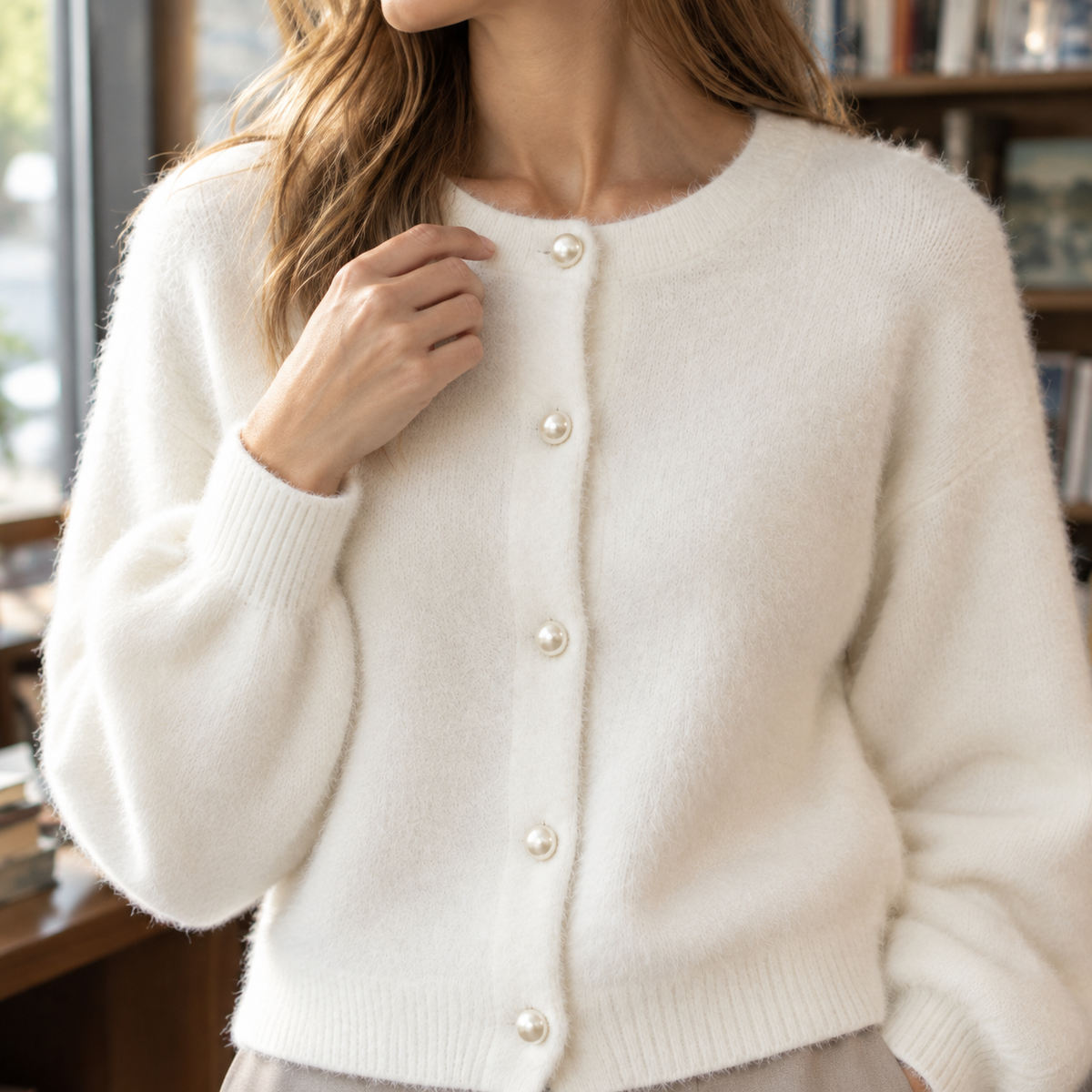 Damen Cardigan Relaxed Fit Freizeit mit Perlenknöpfen