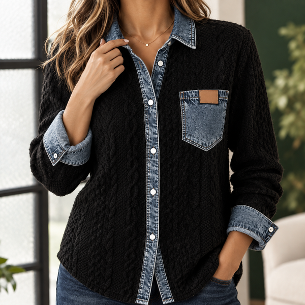 Maria - Damen Overshirt Relaxed Fit Casual mit Strick und Denimkragen