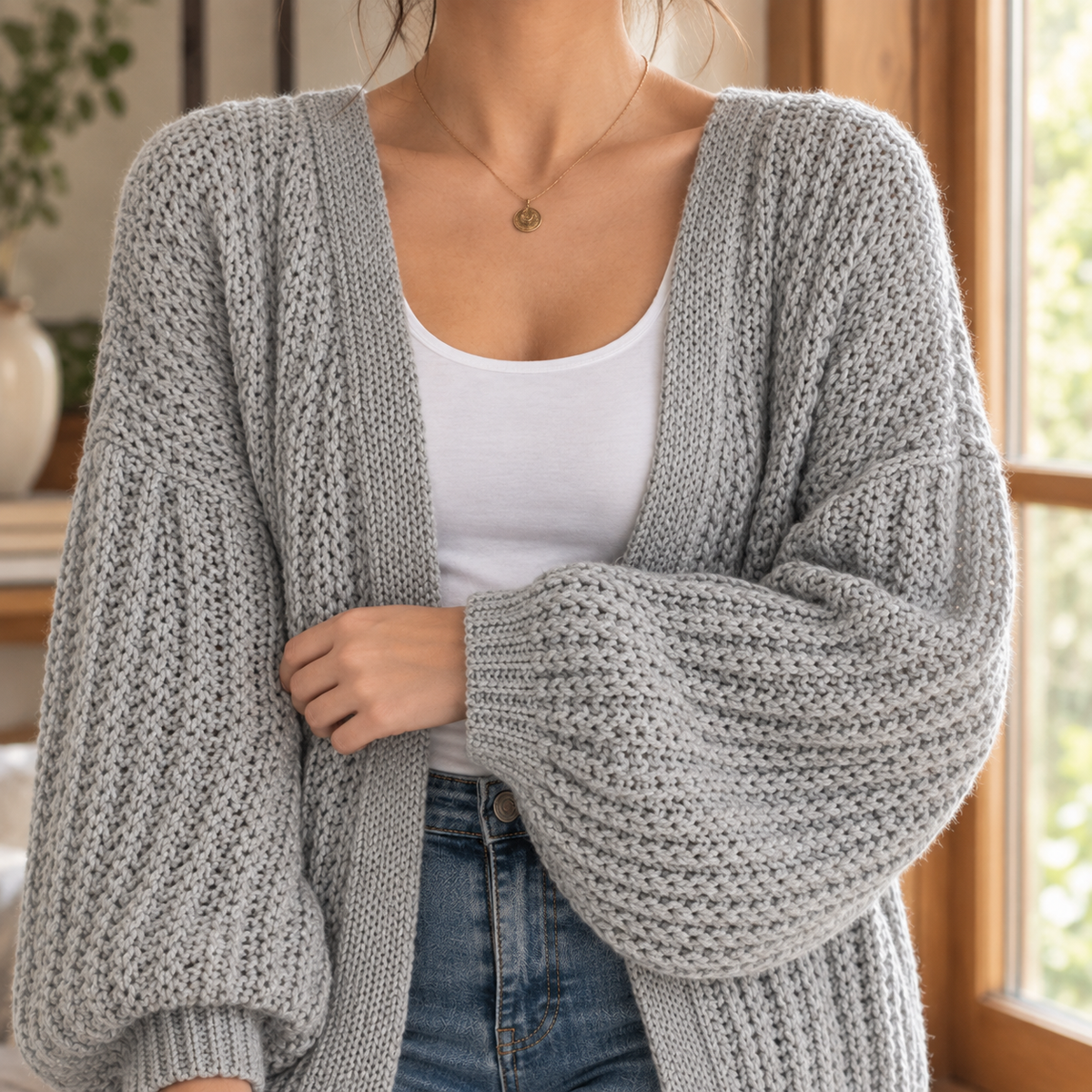 Damen Strickjacke Oversize Casual mit Ballonärmeln