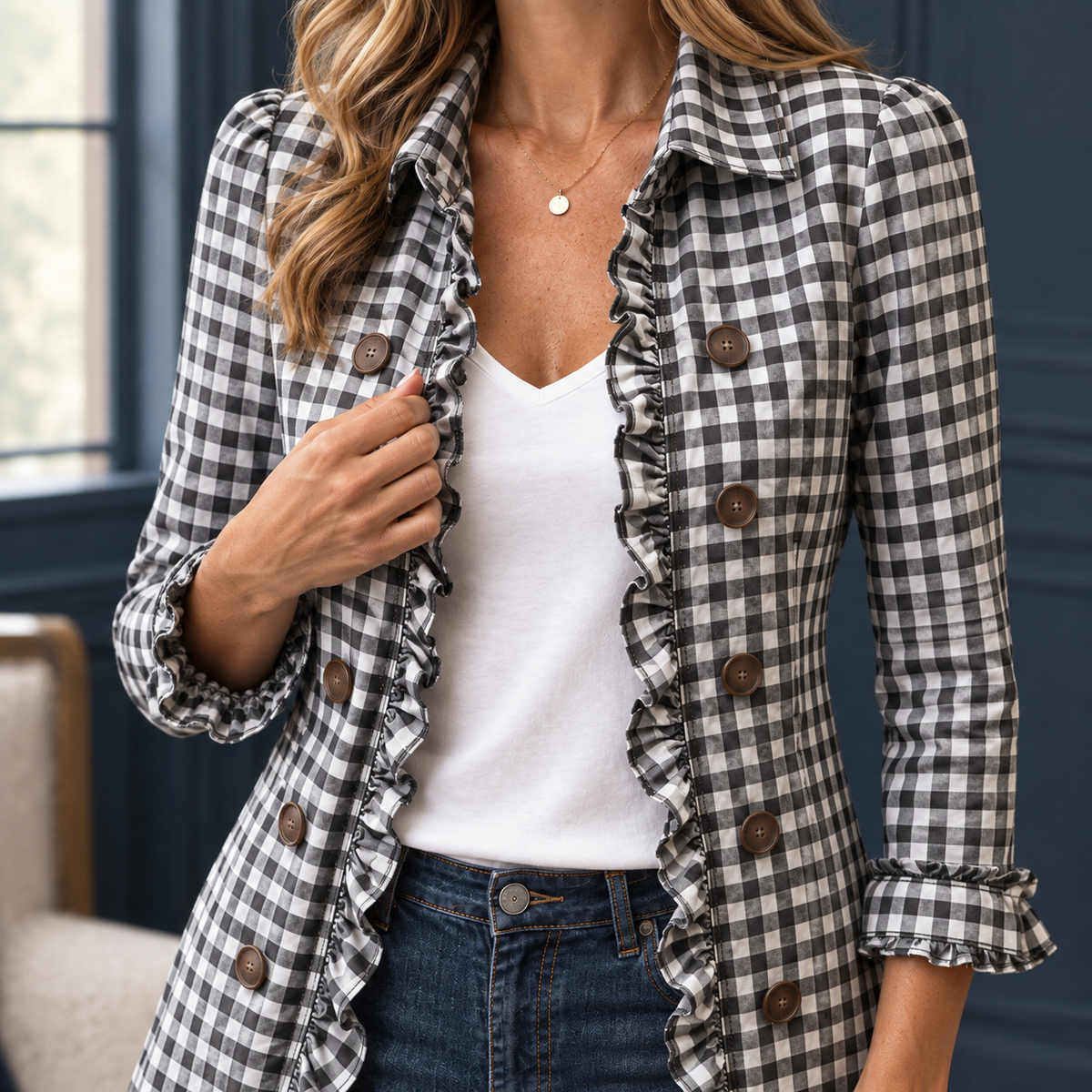 Damen Tailliertes Overshirt Slim Fit Freizeit mit Rüschen