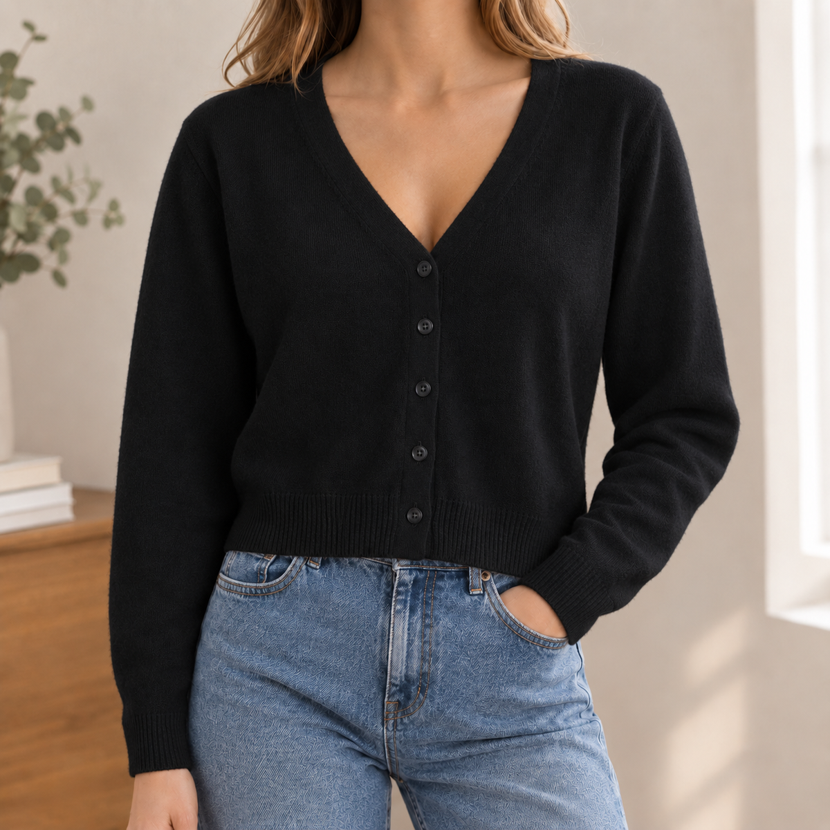 Damen Cardigan V-Ausschnitt Relaxed Fit Freizeit Cropped