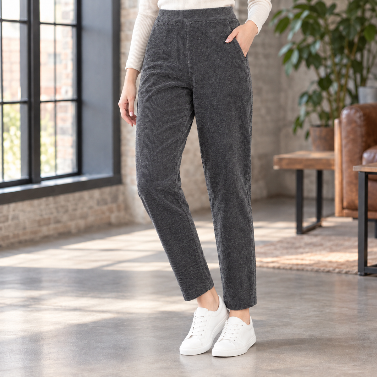 Damen Slim Fit Hose Freizeit Cord mit Fleecefutter