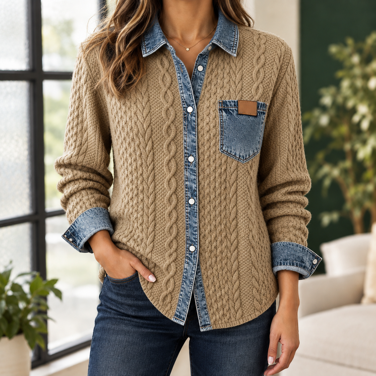 Maria - Damen Overshirt Relaxed Fit Casual mit Strick und Denimkragen