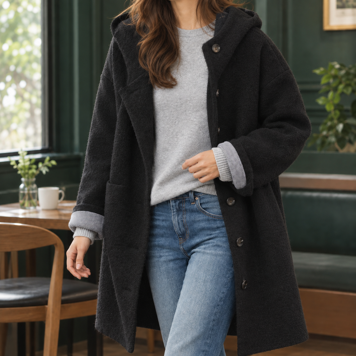 Damen Kapuzenmantel Oversize Freizeit weich und lang