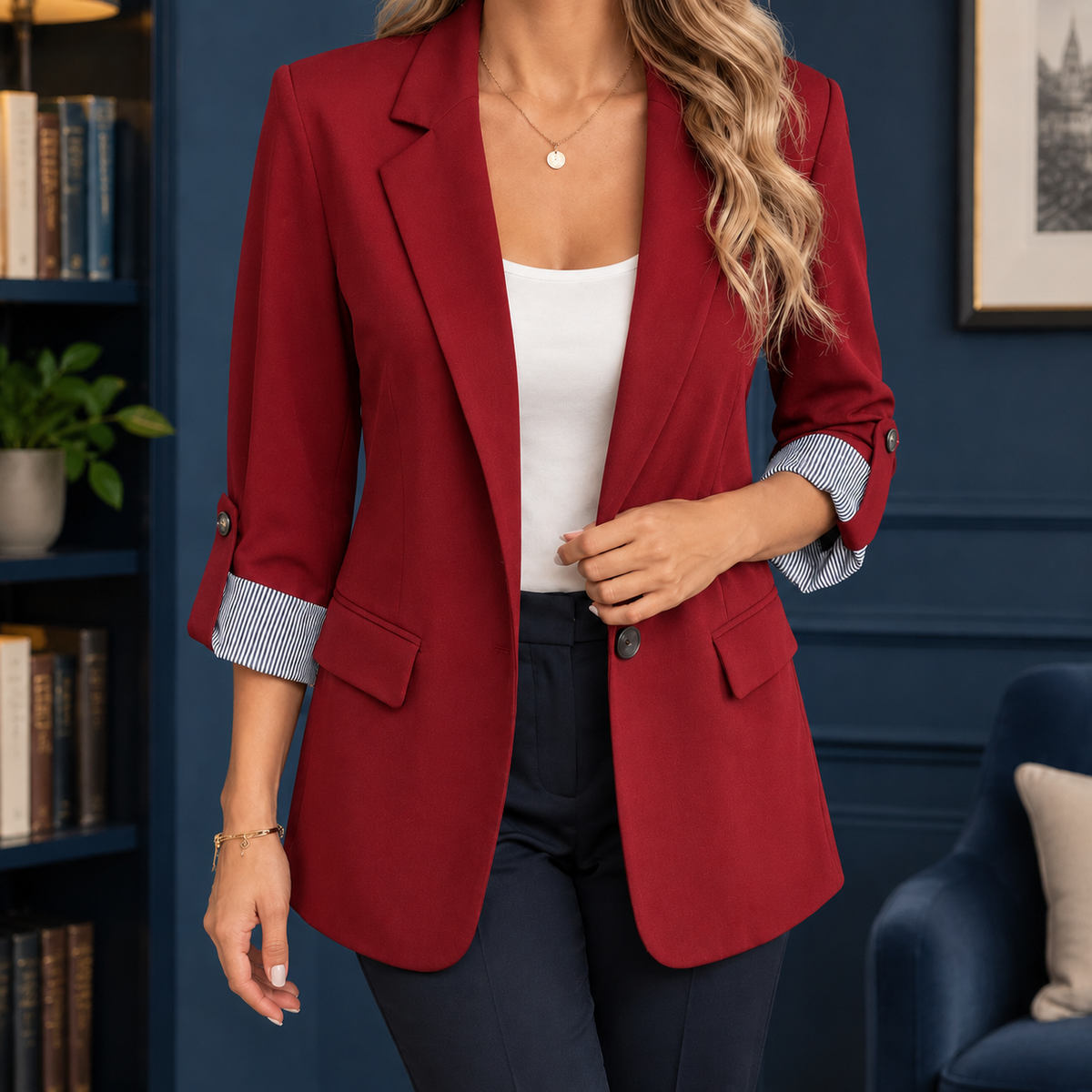 Damen Slim Fit Blazer Business mit gestreiften Manschetten