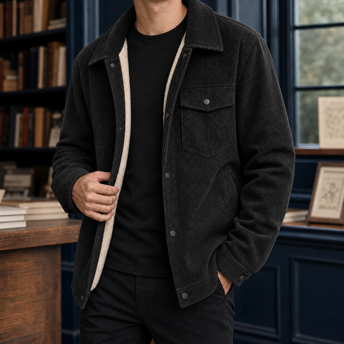 Herren Cordjacke Relaxed Fit Freizeit mit Druckknöpfen