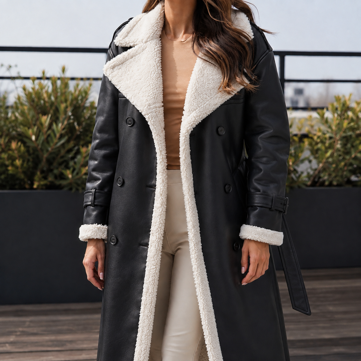 Damen Mantel Slim Fit mit Kontrastbesatz Winter Elegant