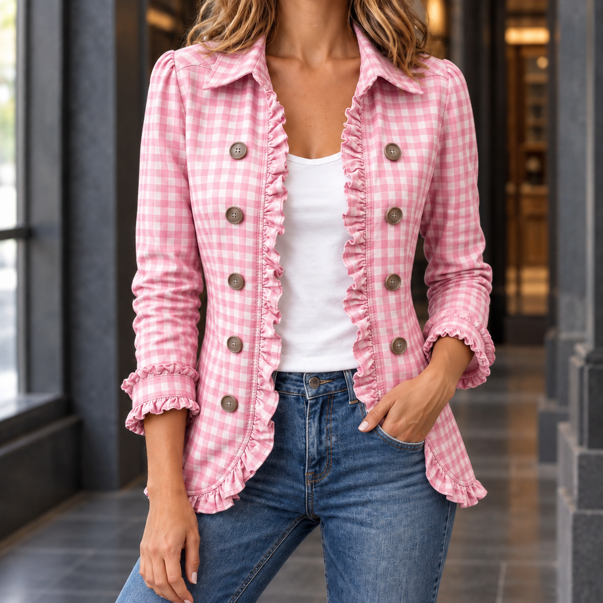 Damen Gingham-Jacke Slim Fit Freizeit mit Rüschensaum