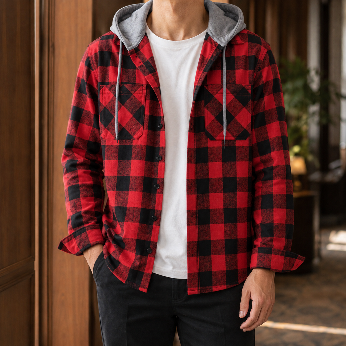 Herren Overshirt Kariert mit Kapuze Lässig Freizeit