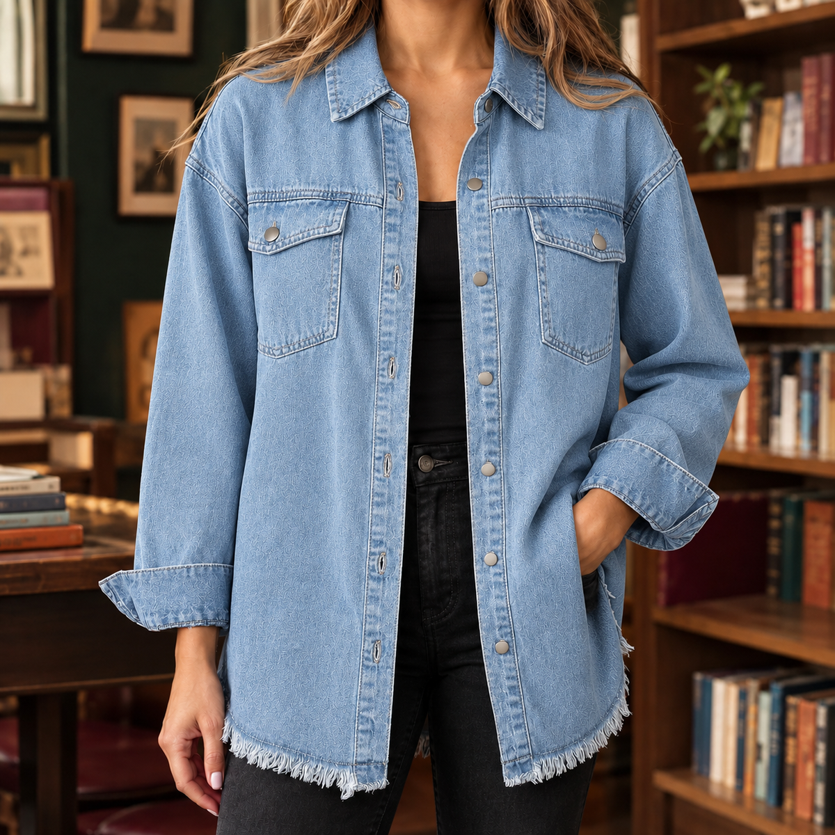 Damen Overshirt Relaxed Fit Freizeit mit Fransenabschluss
