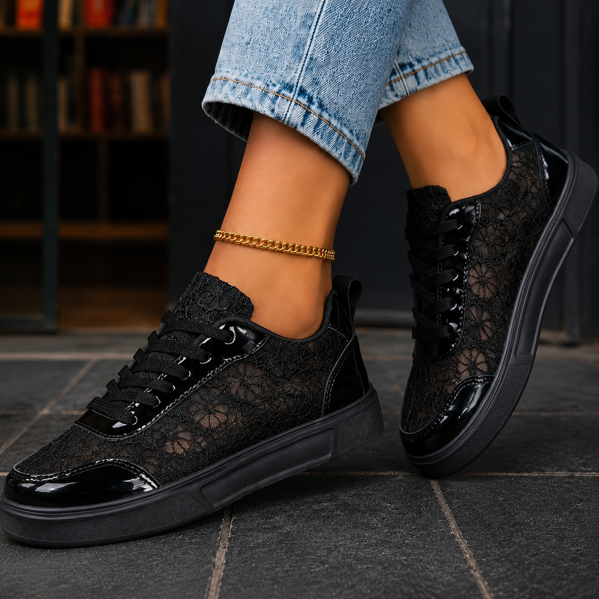 Damen Spitzen-Sneaker Regular Fit Freizeit Floral
