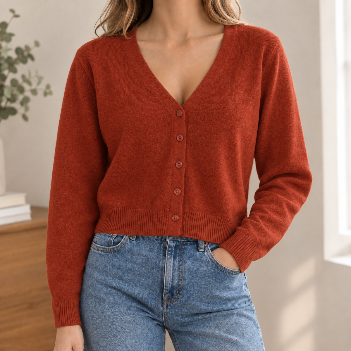 Damen Cardigan V-Ausschnitt Relaxed Fit Freizeit Cropped
