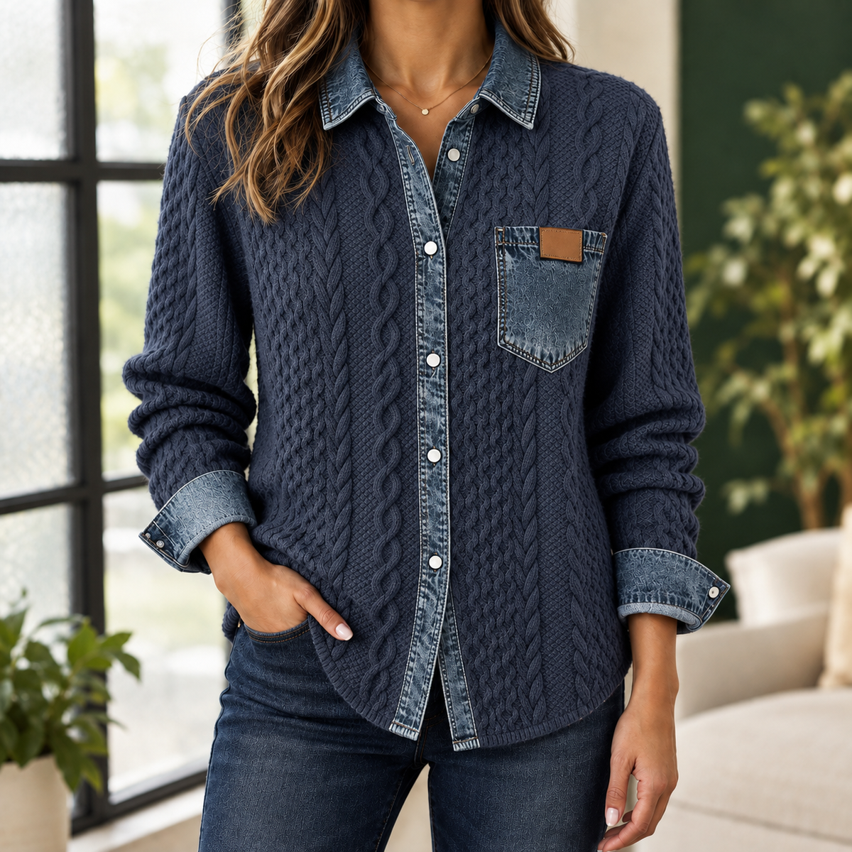 Maria - Damen Overshirt Relaxed Fit Casual mit Strick und Denimkragen