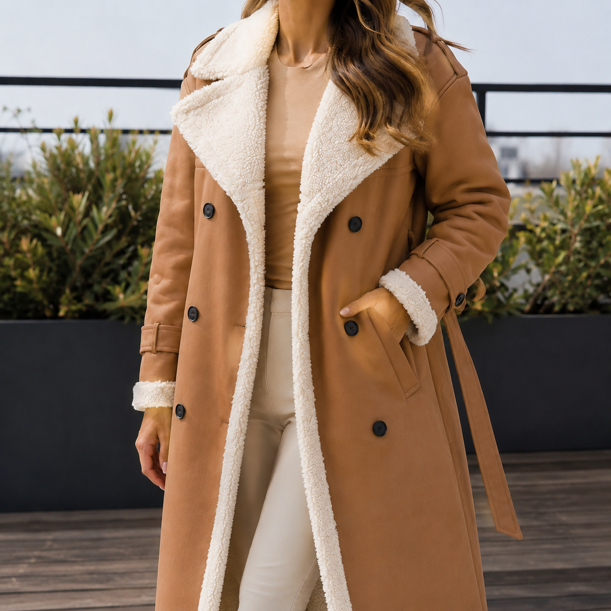 Damen Mantel Slim Fit mit Kontrastbesatz Winter Elegant