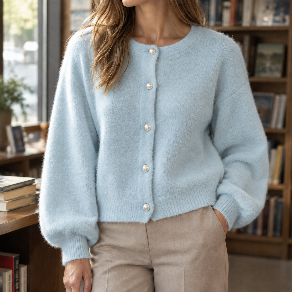 Damen Cardigan Relaxed Fit Freizeit mit Perlenknöpfen