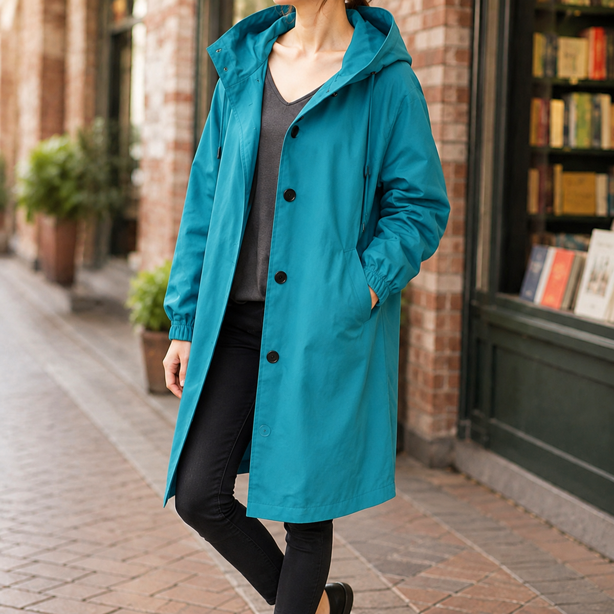 Damen Kapuzenmantel Relaxed Fit Freizeit knielang