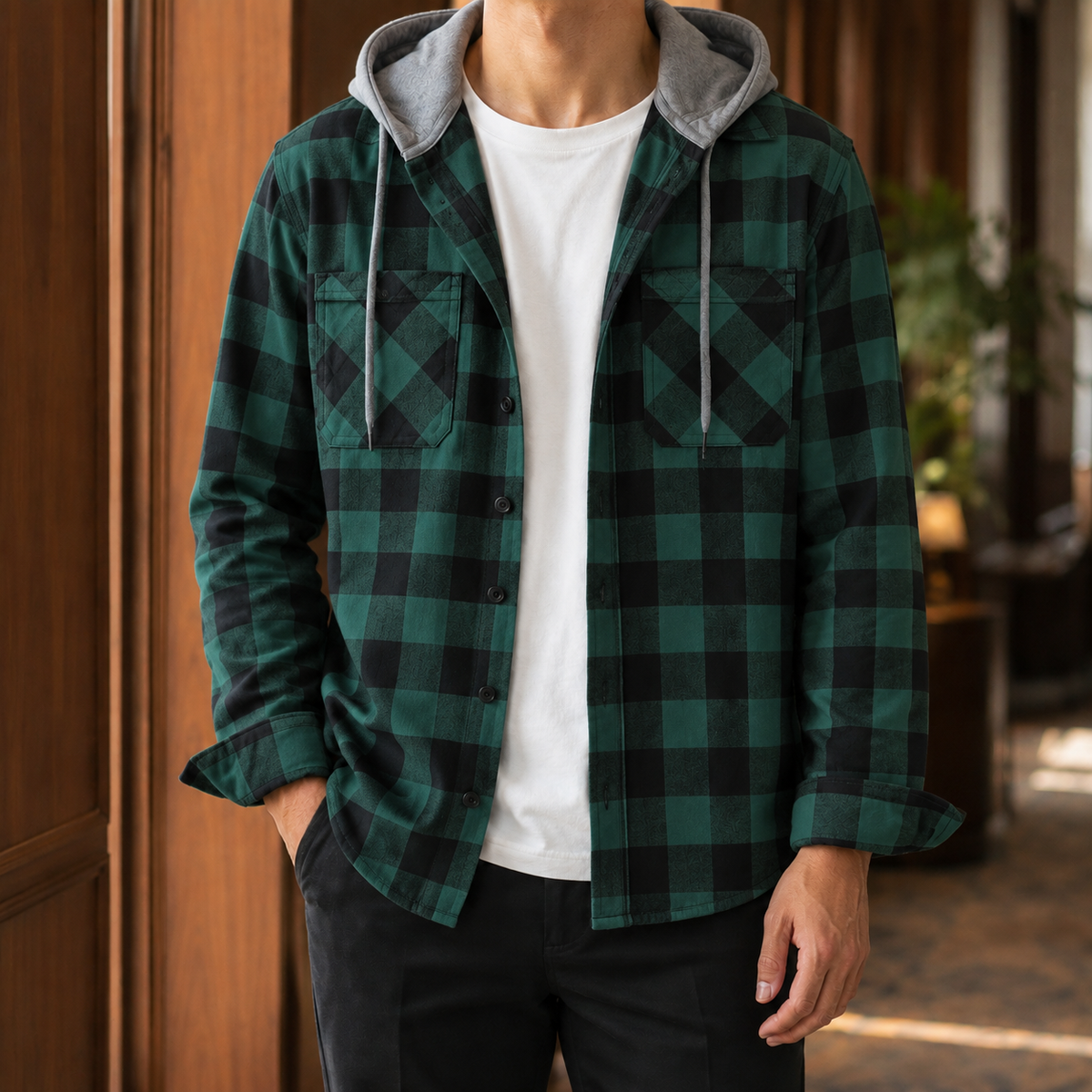 Herren Overshirt Kariert mit Kapuze Lässig Freizeit