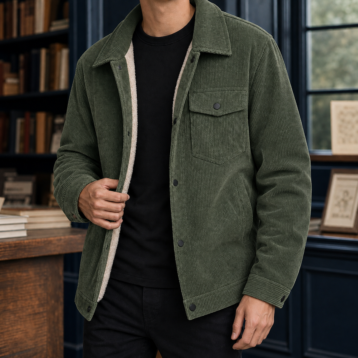 Herren Cordjacke Relaxed Fit Freizeit mit Druckknöpfen