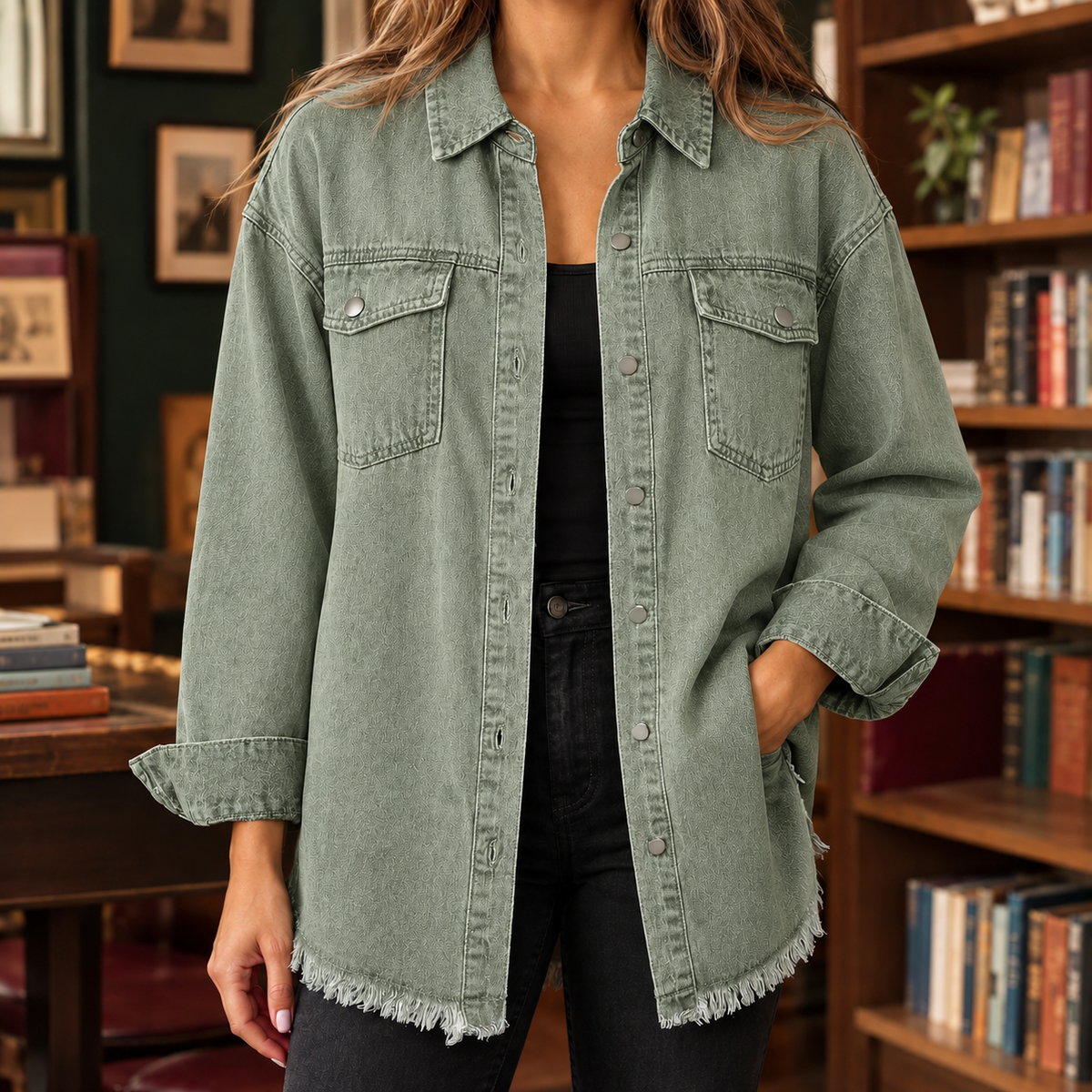 Damen Overshirt Relaxed Fit Freizeit mit Fransenabschluss