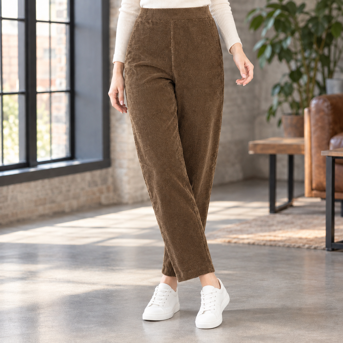 Damen Slim Fit Hose Freizeit Cord mit Fleecefutter