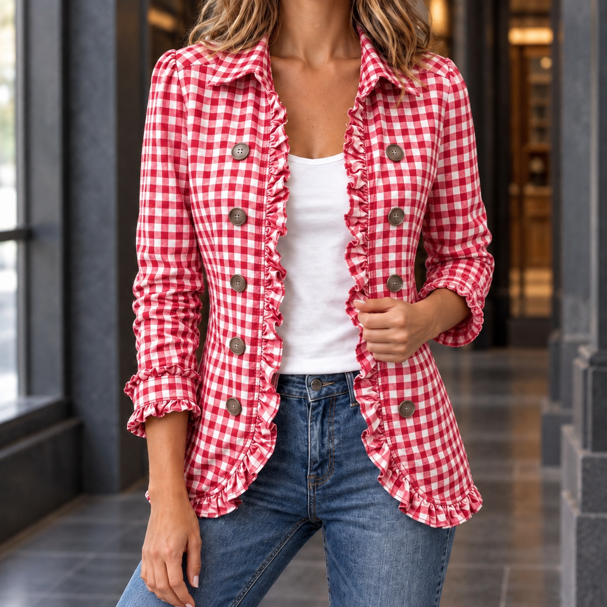 Damen Gingham-Jacke Slim Fit Freizeit mit Rüschensaum