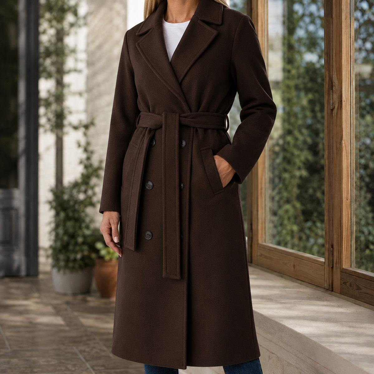 Damen Gürtelmantel Slim Fit Business Elegant knielang