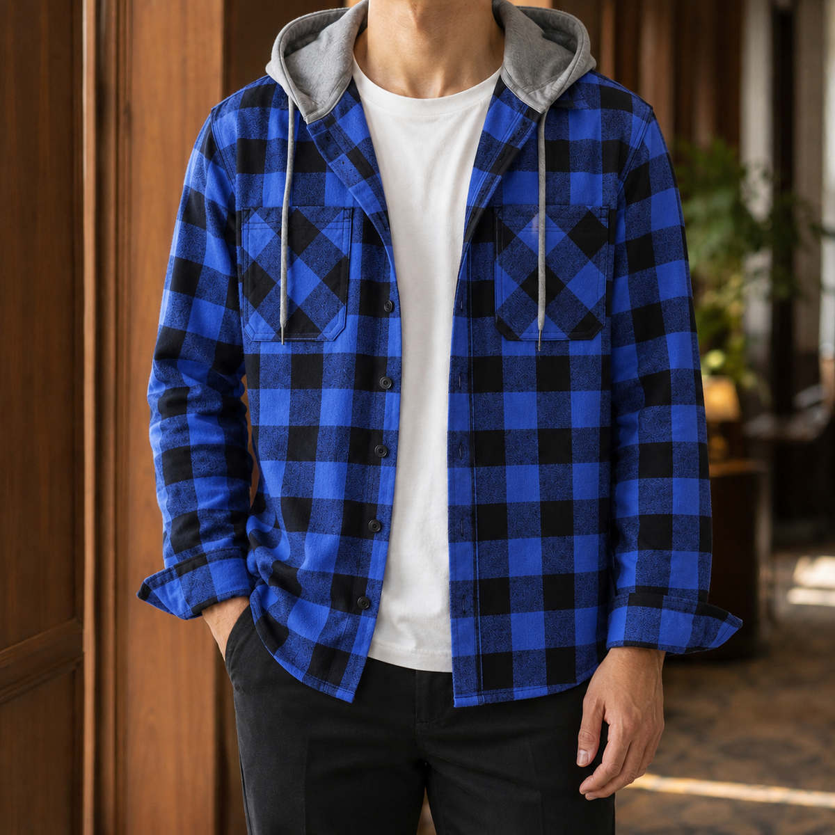 Herren Overshirt Kariert mit Kapuze Lässig Freizeit