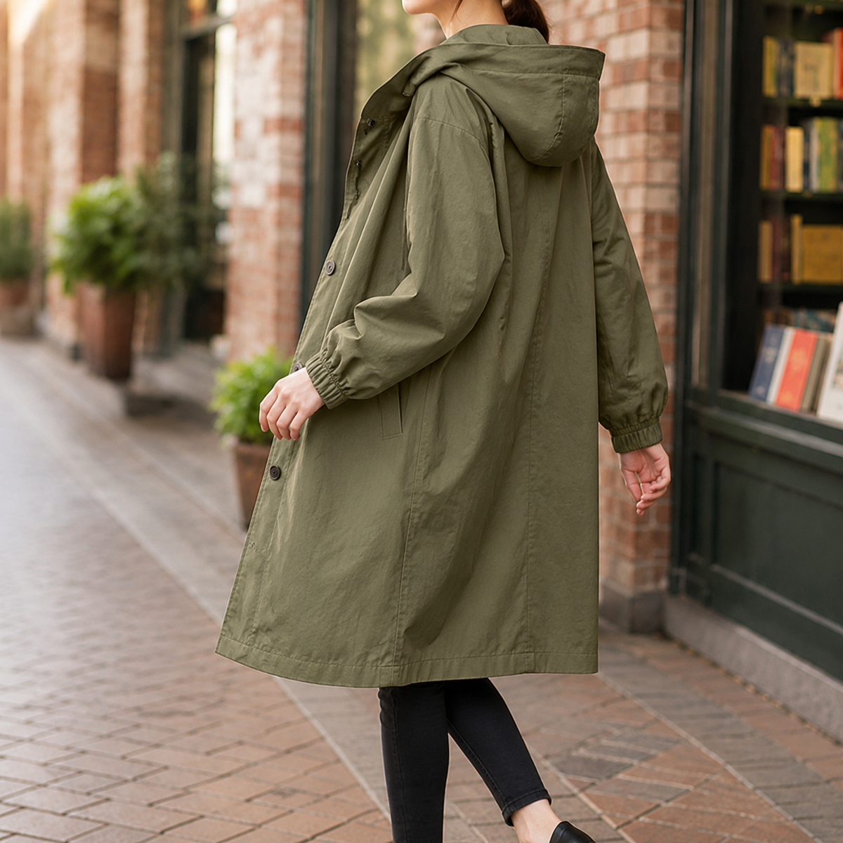 Damen Kapuzenmantel Relaxed Fit Freizeit knielang