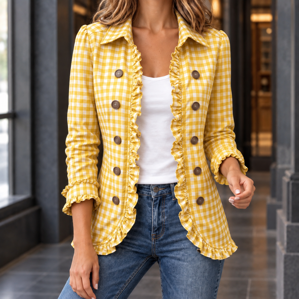 Damen Gingham-Jacke Slim Fit Freizeit mit Rüschensaum