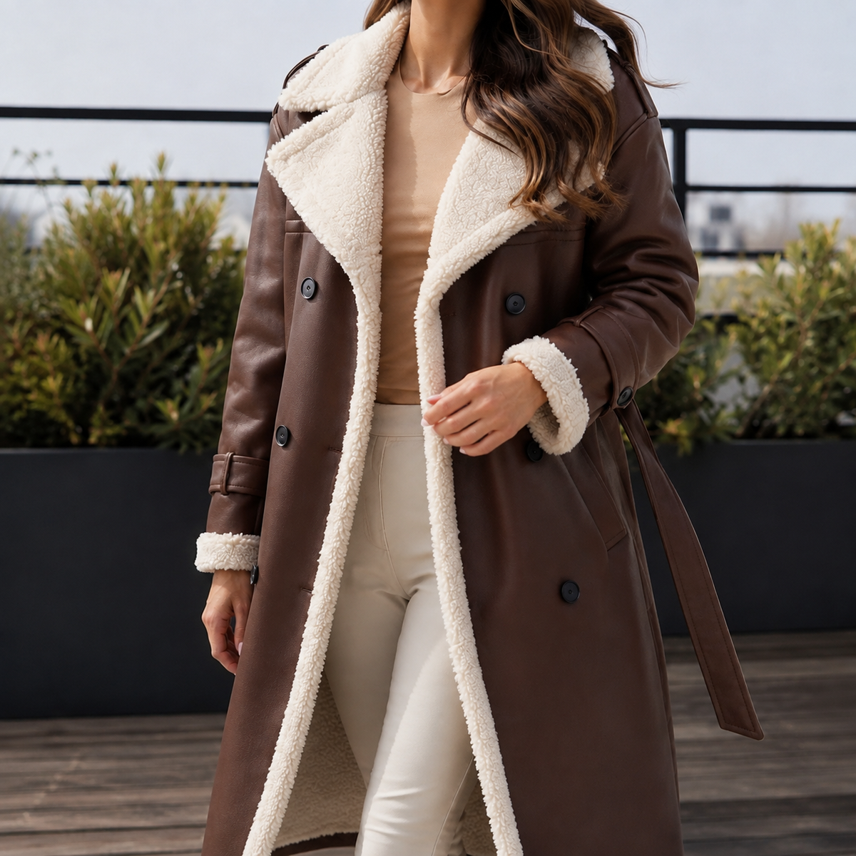 Damen Mantel Slim Fit mit Kontrastbesatz Winter Elegant