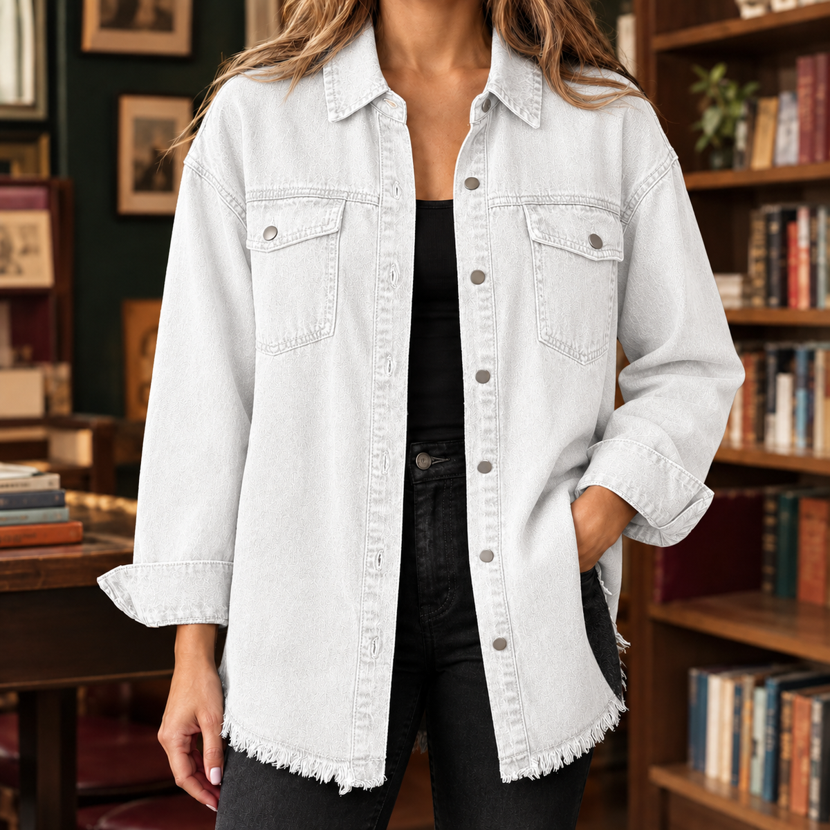 Damen Overshirt Relaxed Fit Freizeit mit Fransenabschluss