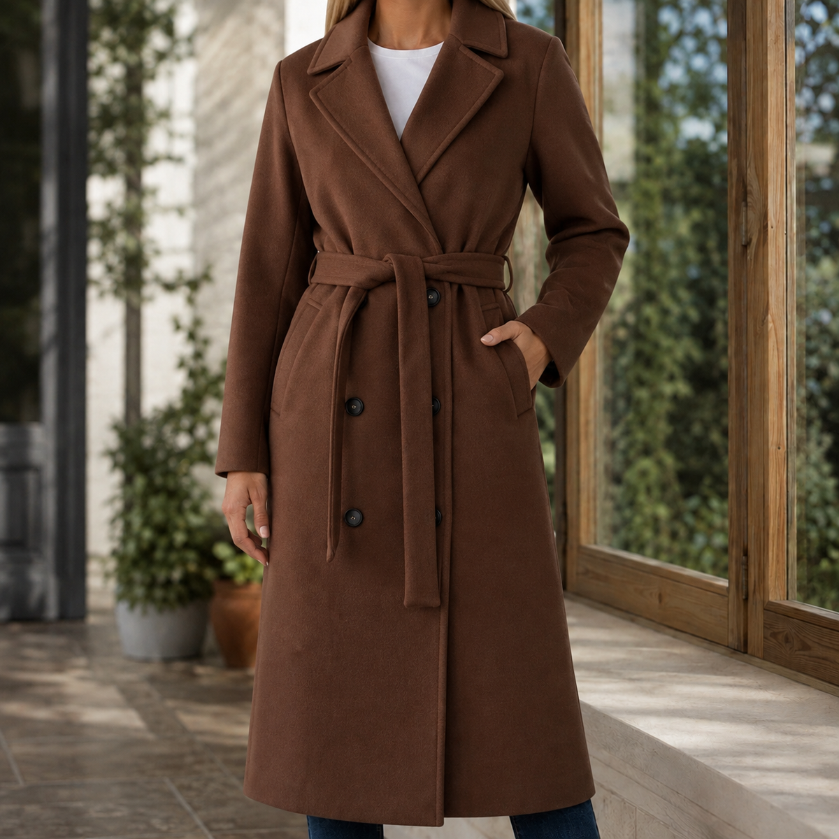 Damen Gürtelmantel Slim Fit Business Elegant knielang