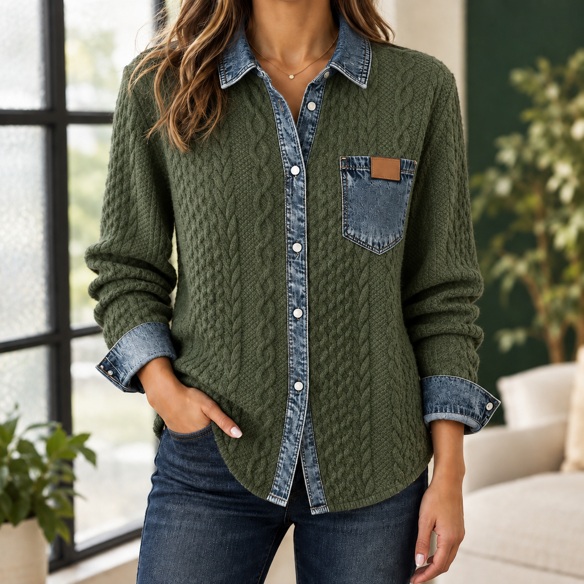 Maria - Damen Overshirt Relaxed Fit Casual mit Strick und Denimkragen