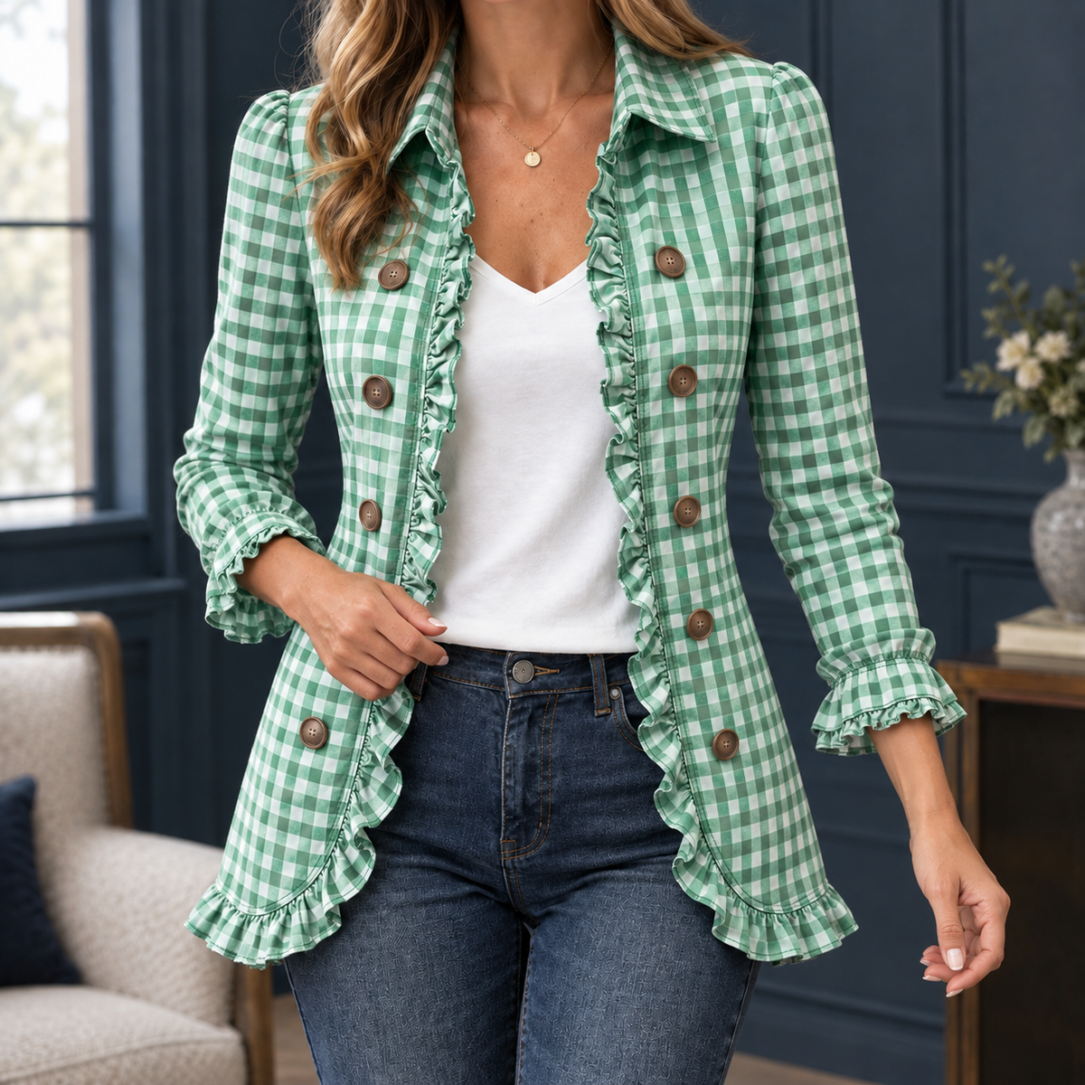 Damen Tailliertes Overshirt Slim Fit Freizeit mit Rüschen