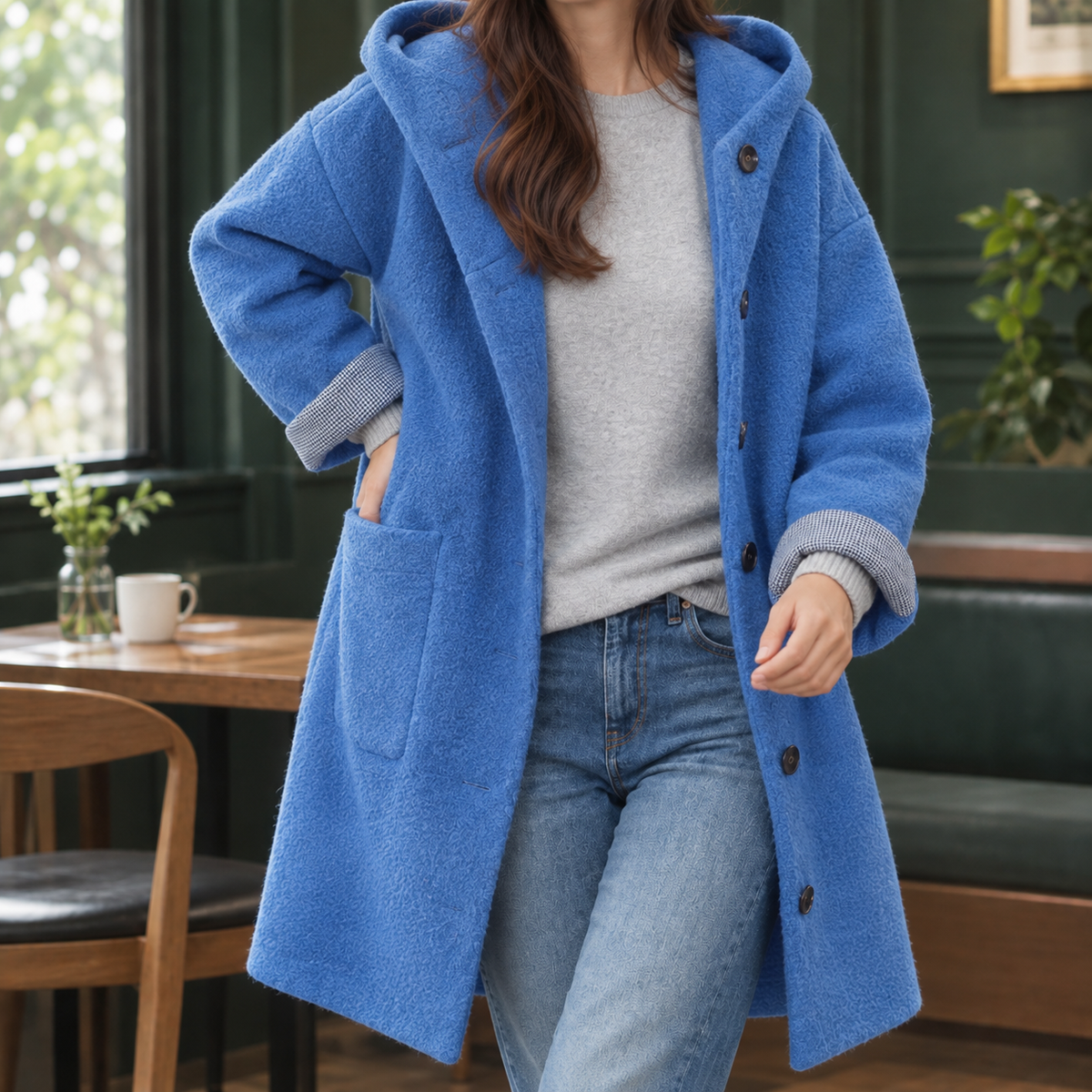 Damen Kapuzenmantel Oversize Freizeit Lang mit Knöpfen