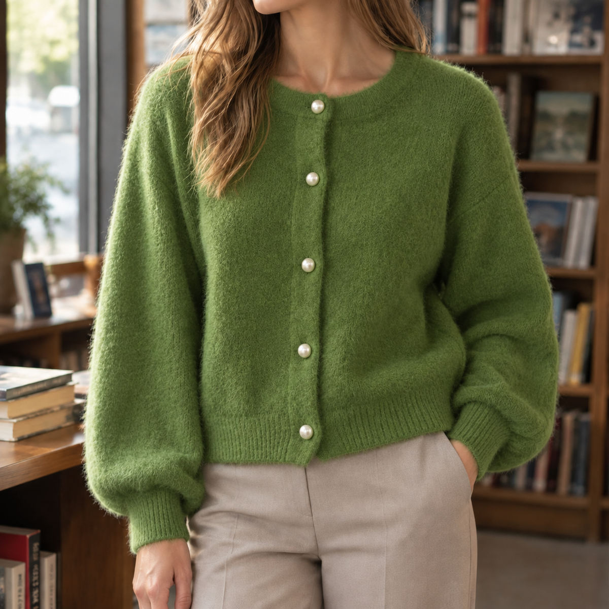 Damen Cardigan Relaxed Fit Freizeit mit Perlenknöpfen